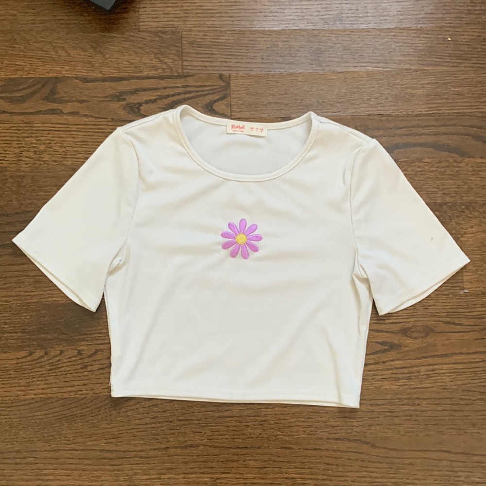 White crop top with purple flower